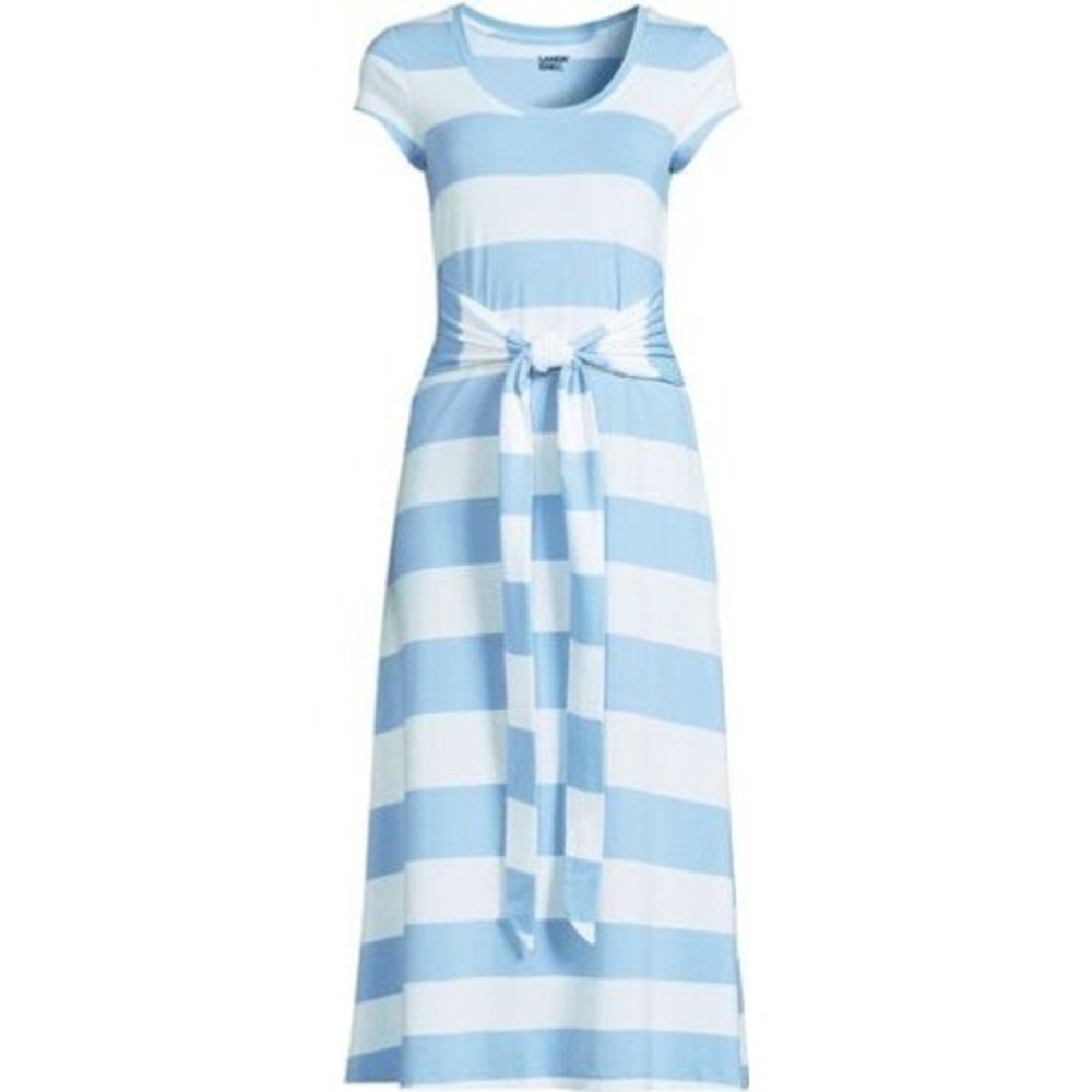 Lands' End Maxi Dress Womens XL Blue White Striped Tie Front Short Sleeve Tencel